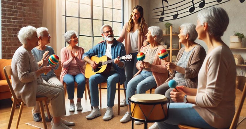 Personas mayores interactúan con la musicoterapeuta durante una sesión.